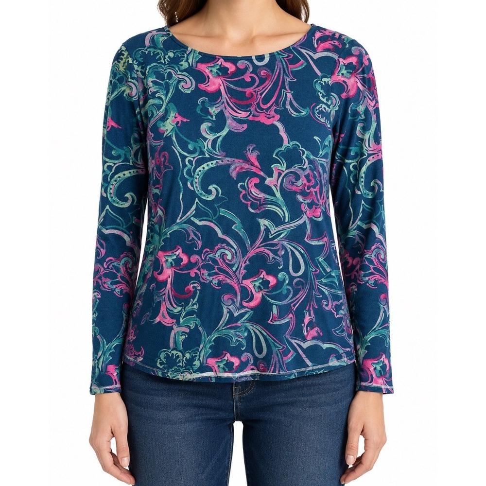 Chicos Womens Blouse Top Blue Floral Paisley Print 100% Cotton Long Sleeve Sz 1